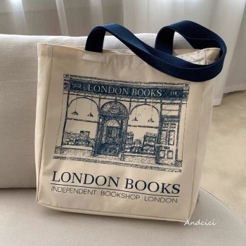 Canvas Shoulder Bag London Books Print Ladies Casual Handbag Tote Bag Reusable Large Capacity Cotton 